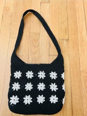 Black Crochet Shoulder Bag with White Floral Accents